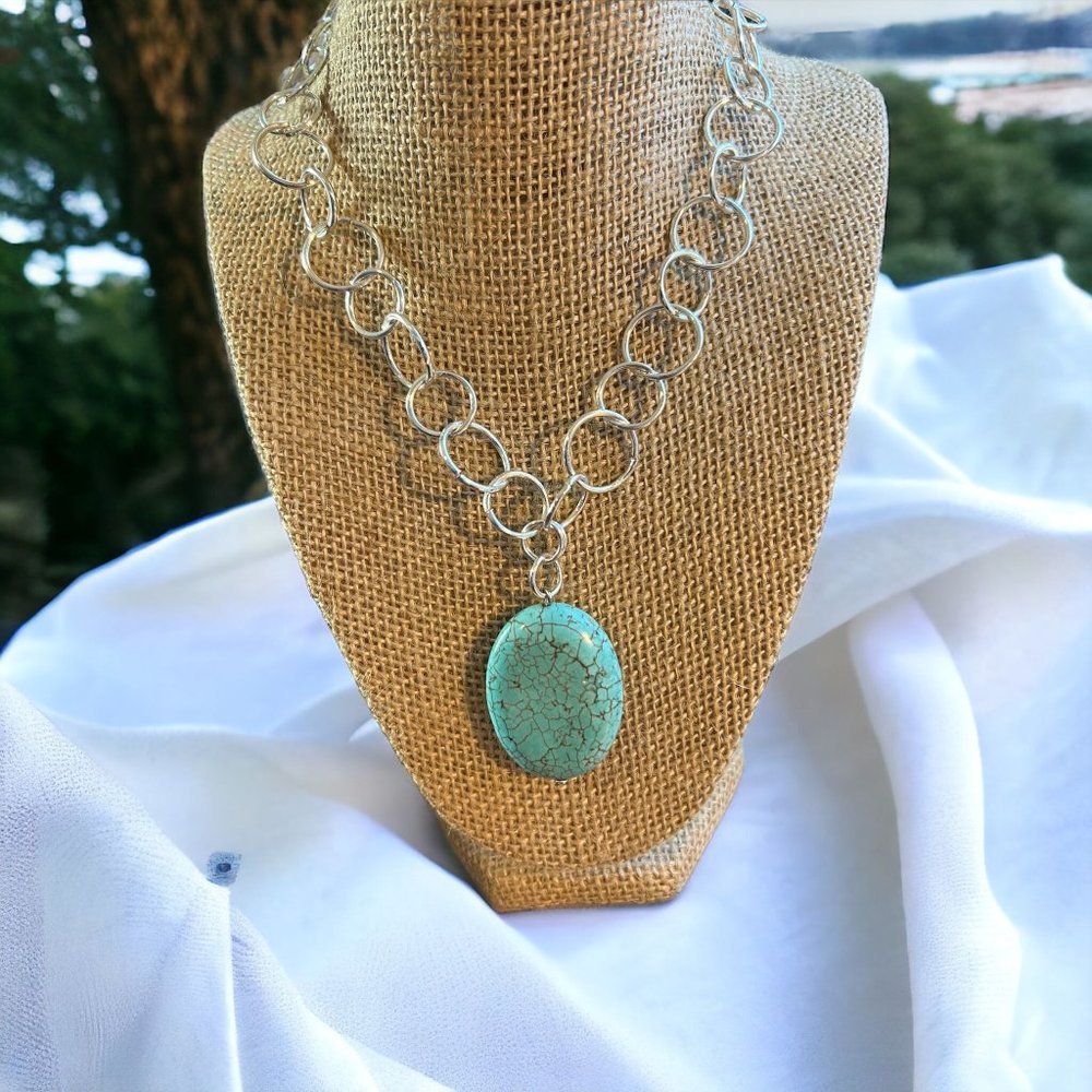 Daisy Fuentes Silver Tone Necklace Turquoise Pendant Ring Chain Adj 20"